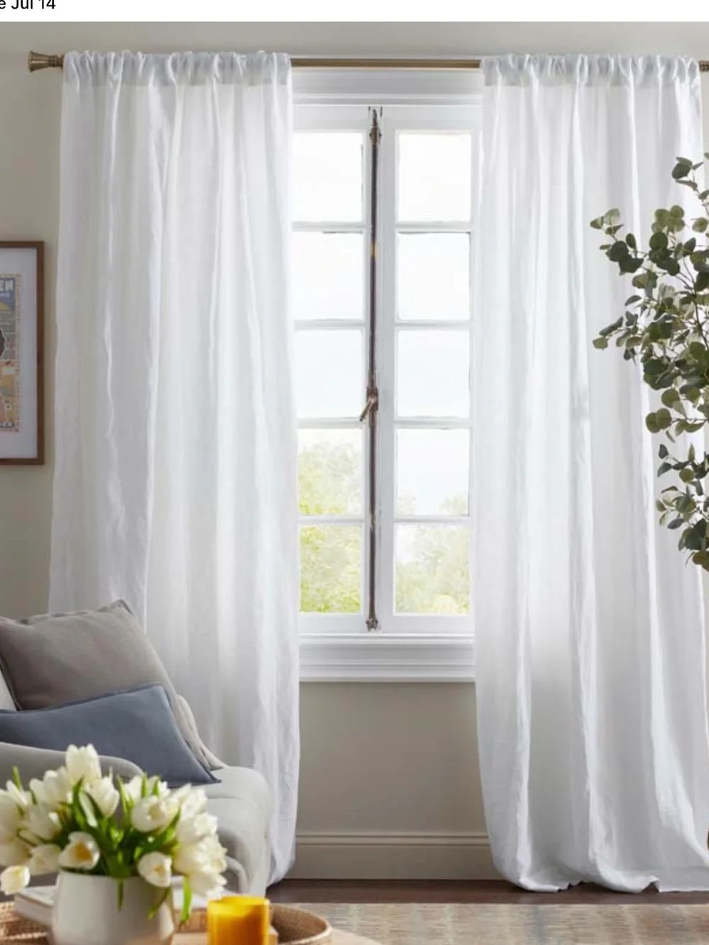Pottery Barn 2 100% Linen Sheer White Curtain Panel